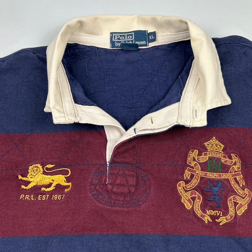 Polo Ralph Lauren Mens XL Rugby Shirt Blue Burgundy Striped Crest Lion Crested - Picture 3 of 11